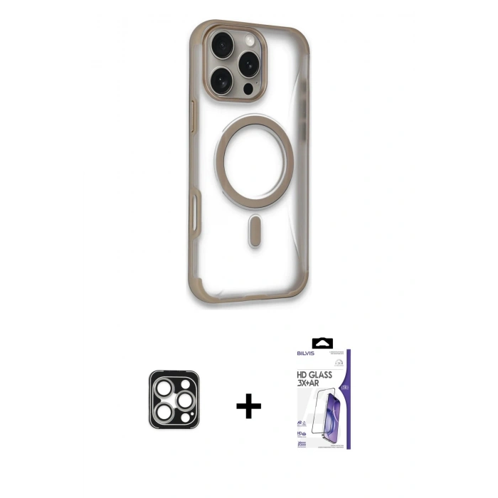 MARSİLYAN™- iPhone 16 Pro Max Kılıf Eksen Klasik Koleksiyonu - Siyah Bilvis 3X AR HD Cam Ekran Koruyucu + PVD Metal Kamera Lens - GS