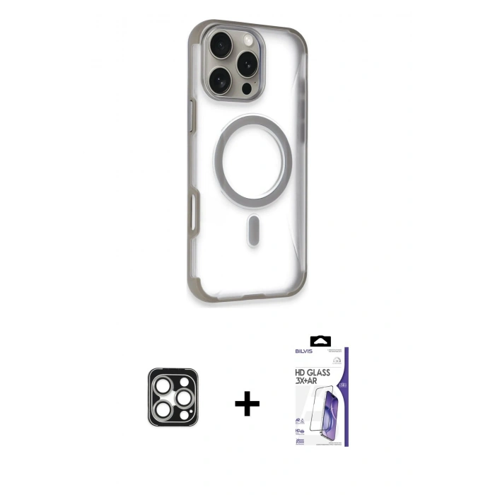 MARSİLYAN™- iPhone 16 Pro Max Kılıf Eksen Klasik Koleksiyonu - Siyah Bilvis 3X AR HD Cam Ekran Koruyucu + PVD Metal Kamera Lens - GS