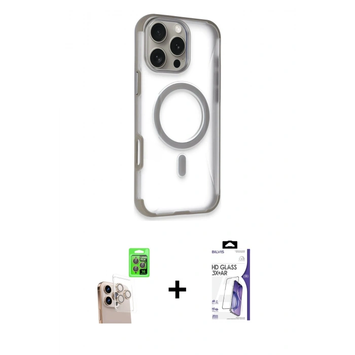 MARSİLYAN™- iPhone 16 Pro Max Kılıf Eksen Klasik Koleksiyonu - Siyah Bilvis 3X AR HD Cam Ekran Koruyucu + Raze Metal Kamera Lens - NLGY