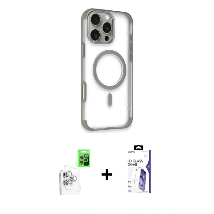 MARSİLYAN™- iPhone 16 Pro Max Kılıf Eksen Klasik Koleksiyonu - Siyah Bilvis 3X AR HD Cam Ekran Koruyucu + Raze Metal Kamera Lens - BZ