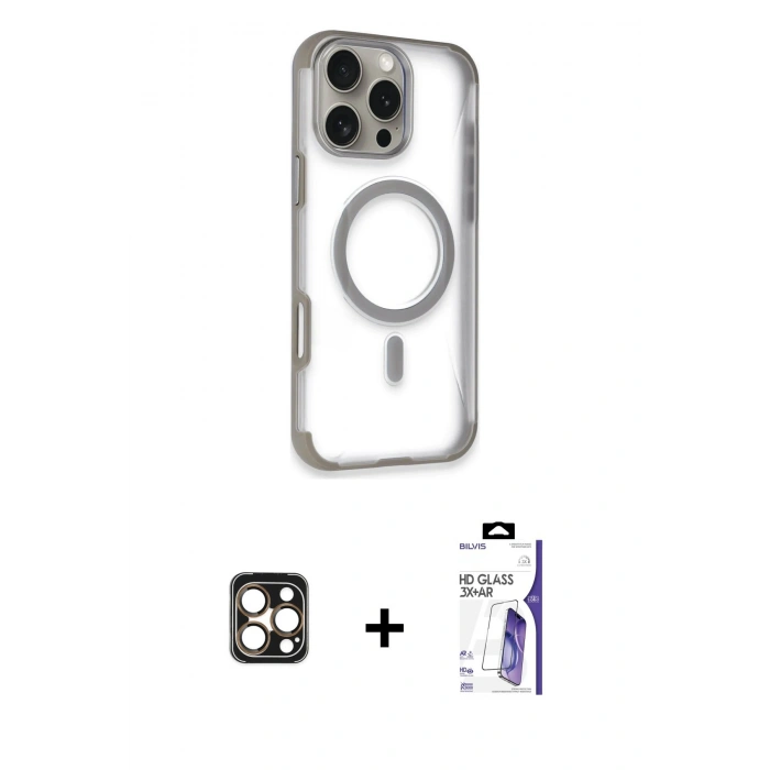 MARSİLYAN™- iPhone 16 Pro Max Kılıf Eksen Klasik Koleksiyonu - Siyah Bilvis 3X AR HD Cam Ekran Koruyucu + PVD Metal Kamera Lens - GD