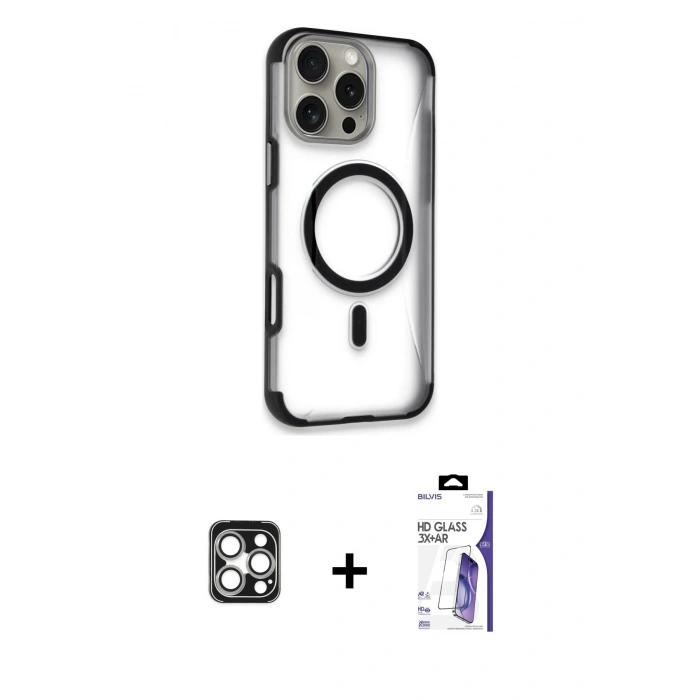 MARSİLYAN™- iPhone 16 Pro Max Kılıf Eksen Klasik Koleksiyonu - Siyah Bilvis 3X AR HD Cam Ekran Koruyucu + PVD Metal Kamera Lens - GS