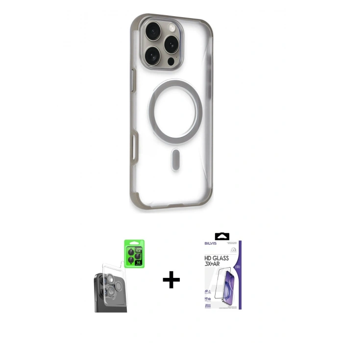 MARSİLYAN™- iPhone 16 Pro Max Kılıf Eksen Klasik Koleksiyonu - Siyah Bilvis 3X AR HD Cam Ekran Koruyucu + Raze Metal Kamera Lens - SH