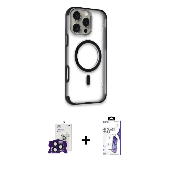MARSİLYAN™- iPhone 16 Pro Max Kılıf Eksen Klasik Koleksiyonu - Siyah Bilvis 3X AR HD Cam Ekran Koruyucu + Bilvis Titan Kamera Lens - SH