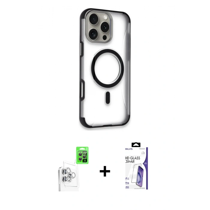 MARSİLYAN™- iPhone 16 Pro Max Kılıf Eksen Klasik Koleksiyonu - Siyah Bilvis 3X AR HD Cam Ekran Koruyucu + Raze Metal Kamera Lens - BZ