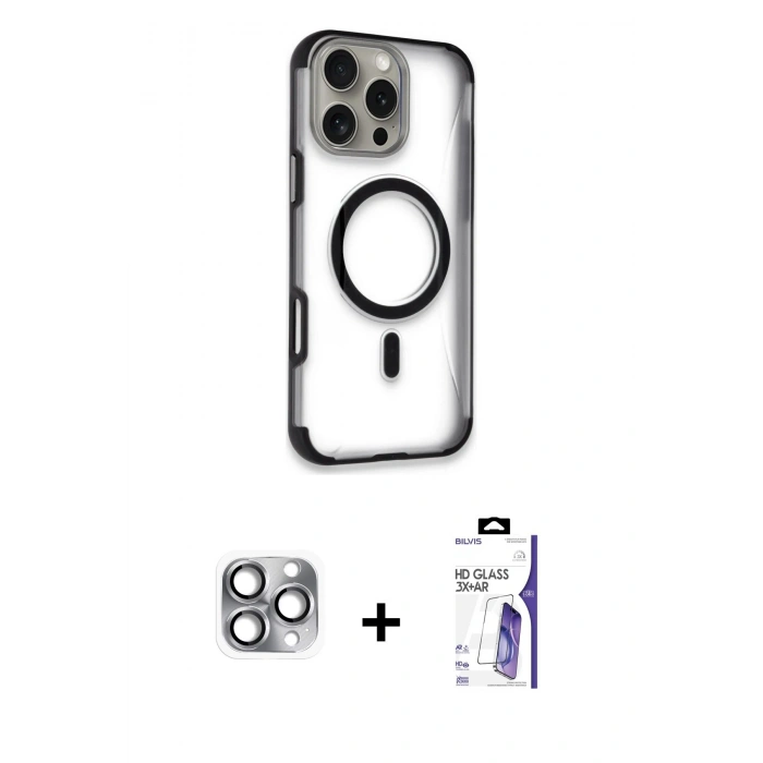 MARSİLYAN™- iPhone 16 Pro Max Kılıf Eksen Klasik Koleksiyonu - Siyah Bilvis 3X AR HD Cam Ekran Koruyucu + Pers Alüminyum Kamera Lens - GI