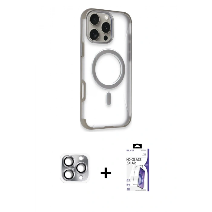 MARSİLYAN™- iPhone 16 Pro Max Kılıf Eksen Klasik Koleksiyonu - Siyah Bilvis 3X AR HD Cam Ekran Koruyucu + Pers Alüminyum Kamera Lens - GI