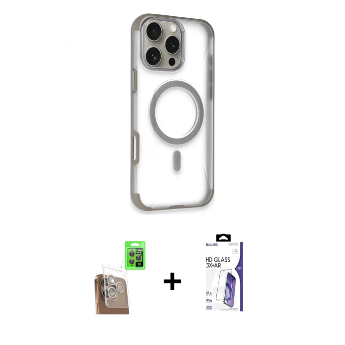 MARSİLYAN™- iPhone 16 Pro Max Kılıf Eksen Klasik Koleksiyonu - Siyah Bilvis 3X AR HD Cam Ekran Koruyucu + Raze Metal Kamera Lens - CLTM