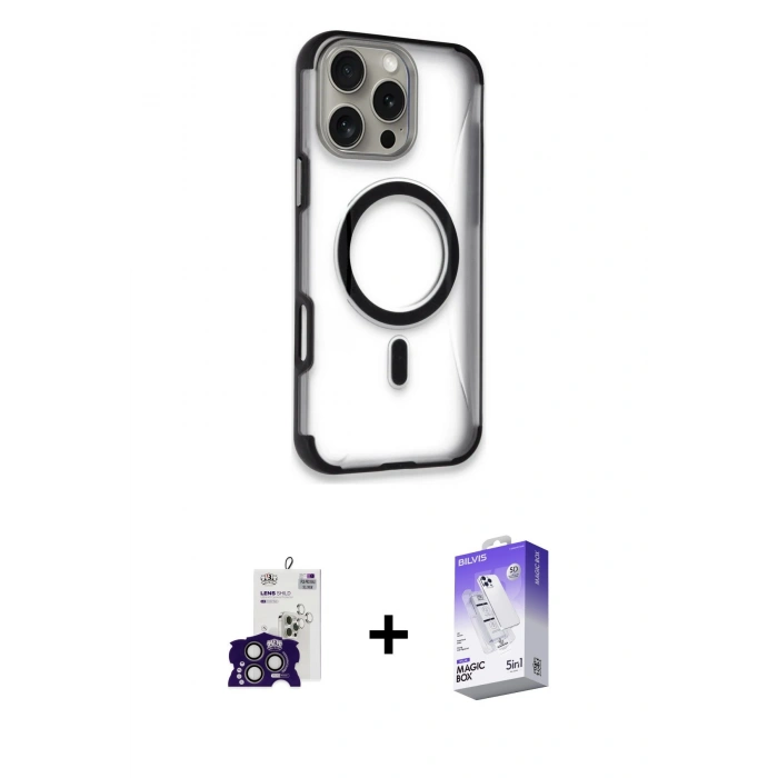MARSİLYAN™- iPhone 16 Pro Max Kılıf Eksen Klasik Koleksiyonu - Siyah Bilvis 5in1 3D Magic Cam Ekran Koruyucu + Titanyum Gri Bilvis Titan Kamera Lens