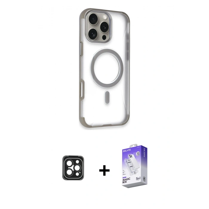 MARSİLYAN™- iPhone 16 Pro Max Kılıf Eksen Klasik Koleksiyonu - Siyah Bilvis 5in1 3D Magic Cam Ekran Koruyucu + PVD Metal Kamera Lens - SH