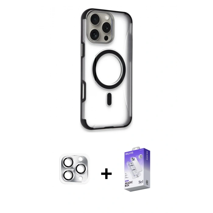 MARSİLYAN™- iPhone 16 Pro Max Kılıf Eksen Klasik Koleksiyonu - Siyah Bilvis 5in1 3D Magic Cam Ekran Koruyucu + Pers Alüminyum Kamera Lens - GS