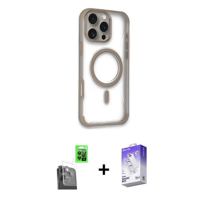 MARSİLYAN™- iPhone 16 Pro Max Kılıf Eksen Klasik Koleksiyonu - Siyah Bilvis 5in1 3D Magic Cam Ekran Koruyucu + Raze Metal Kamera Lens - SH