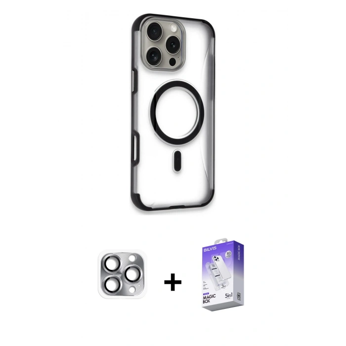 MARSİLYAN™- iPhone 16 Pro Max Kılıf Eksen Klasik Koleksiyonu - Siyah Bilvis 5in1 3D Magic Cam Ekran Koruyucu + Pers Alüminyum Kamera Lens - GI