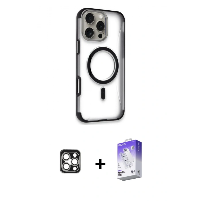 MARSİLYAN™- iPhone 16 Pro Max Kılıf Eksen Klasik Koleksiyonu - Siyah Bilvis 5in1 3D Magic Cam Ekran Koruyucu + PVD Metal Kamera Lens - GS