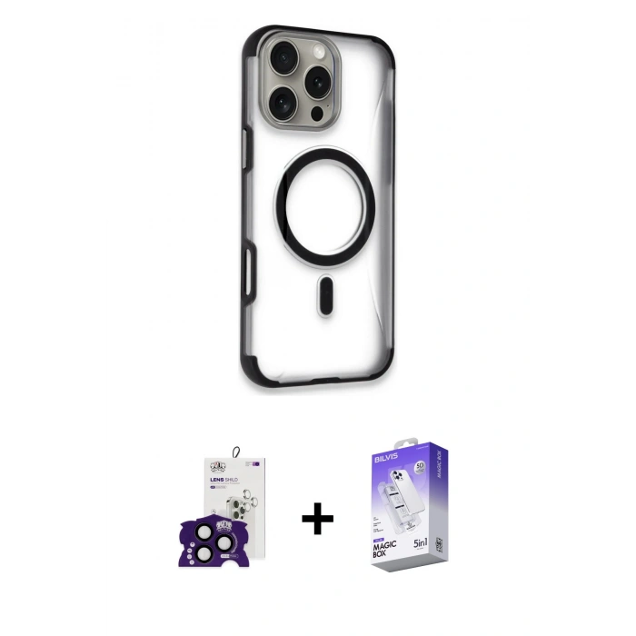 MARSİLYAN™- iPhone 16 Pro Max Kılıf Eksen Klasik Koleksiyonu - Siyah Bilvis 5in1 3D Magic Cam Ekran Koruyucu + Bilvis Titan Kamera Lens - SH