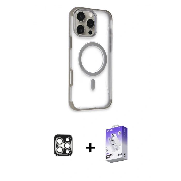 MARSİLYAN™- iPhone 16 Pro Max Kılıf Eksen Klasik Koleksiyonu - Siyah Bilvis 5in1 3D Magic Cam Ekran Koruyucu + PVD Metal Kamera Lens - GS