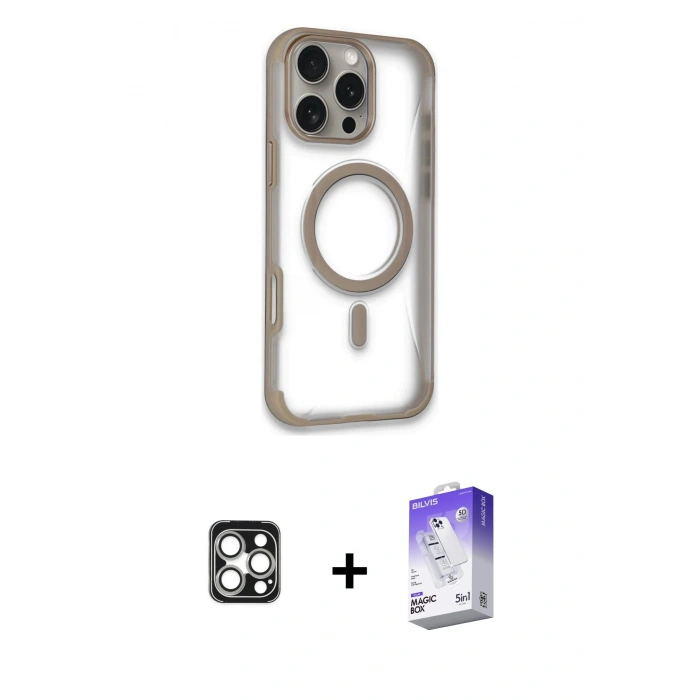 MARSİLYAN™- iPhone 16 Pro Max Kılıf Eksen Klasik Koleksiyonu - Siyah Bilvis 5in1 3D Magic Cam Ekran Koruyucu + PVD Metal Kamera Lens - GS