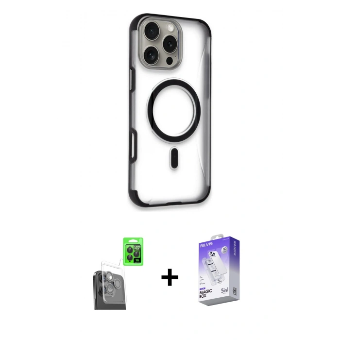 MARSİLYAN™- iPhone 16 Pro Max Kılıf Eksen Klasik Koleksiyonu - Siyah Bilvis 5in1 3D Magic Cam Ekran Koruyucu + Raze Metal Kamera Lens - SH