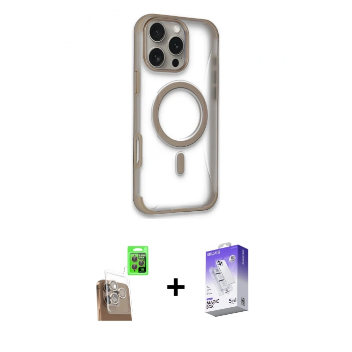 MARSİLYAN™- iPhone 16 Pro Max Kılıf Eksen Klasik Koleksiyonu - Siyah Bilvis 5in1 3D Magic Cam Ekran Koruyucu + Çöl Titanyum Raze Metal Kamera Lens