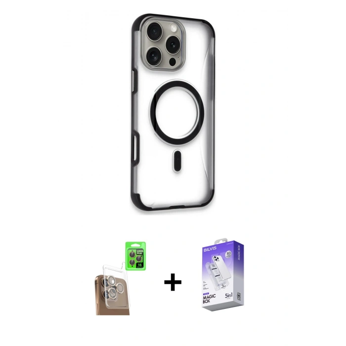MARSİLYAN™- iPhone 16 Pro Max Kılıf Eksen Klasik Koleksiyonu - Siyah Bilvis 5in1 3D Magic Cam Ekran Koruyucu + Çöl Titanyum Raze Metal Kamera Lens
