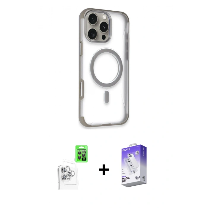 MARSİLYAN™- iPhone 16 Pro Max Kılıf Eksen Klasik Koleksiyonu - Siyah Bilvis 5in1 3D Magic Cam Ekran Koruyucu + Beyaz Raze Metal Kamera Lens