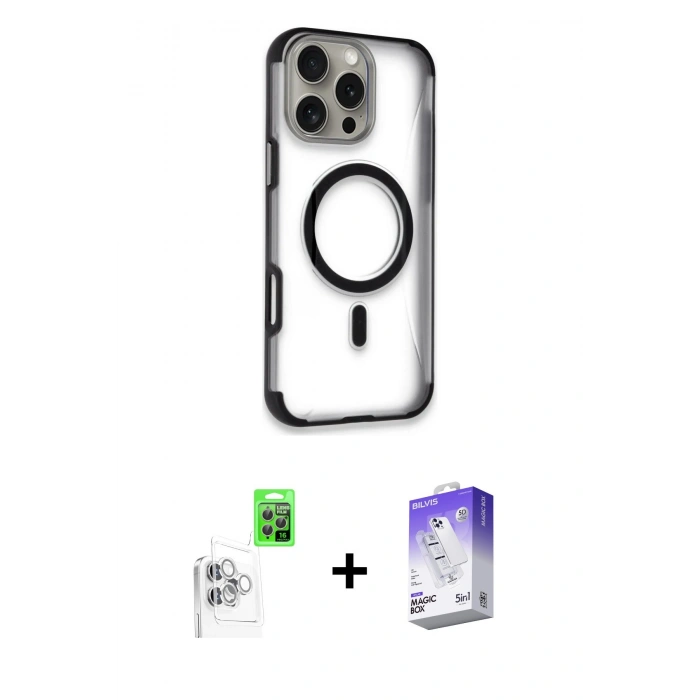 MARSİLYAN™- iPhone 16 Pro Max Kılıf Eksen Klasik Koleksiyonu - Siyah Bilvis 5in1 3D Magic Cam Ekran Koruyucu + Beyaz Raze Metal Kamera Lens