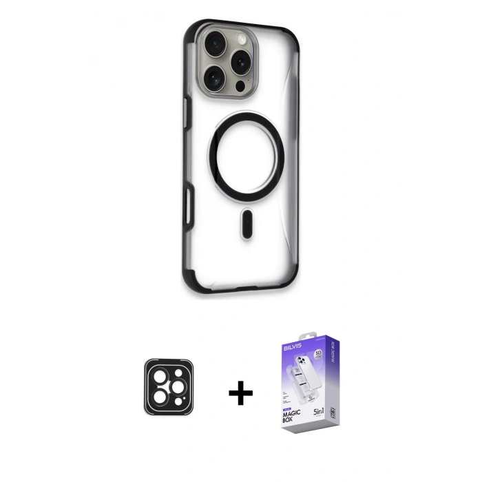MARSİLYAN™- iPhone 16 Pro Max Kılıf Eksen Klasik Koleksiyonu - Siyah Bilvis 5in1 3D Magic Cam Ekran Koruyucu + PVD Metal Kamera Lens - SH