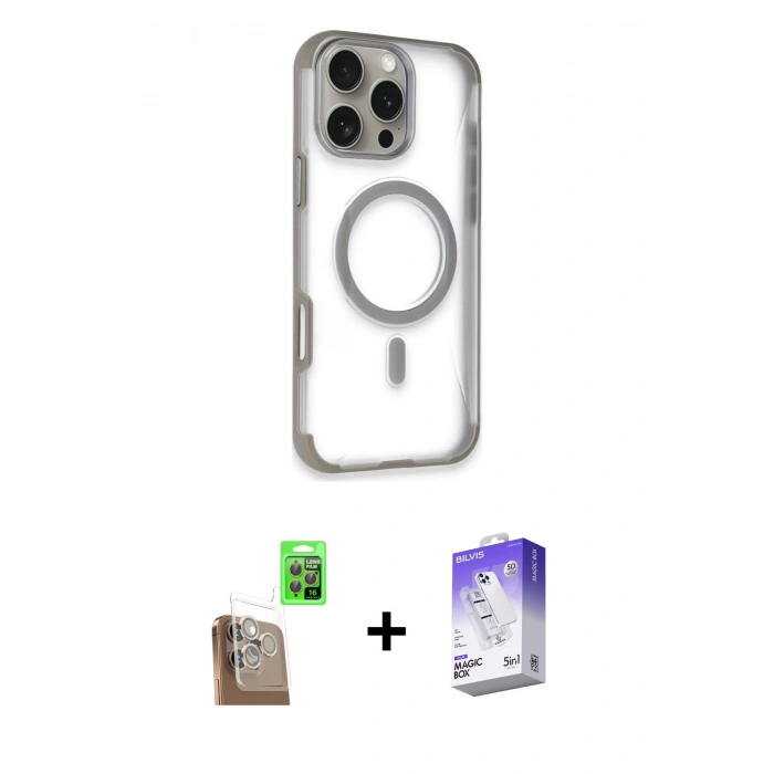 MARSİLYAN™- iPhone 16 Pro Max Kılıf Eksen Klasik Koleksiyonu - Siyah Bilvis 5in1 3D Magic Cam Ekran Koruyucu + Çöl Titanyum Raze Metal Kamera Lens
