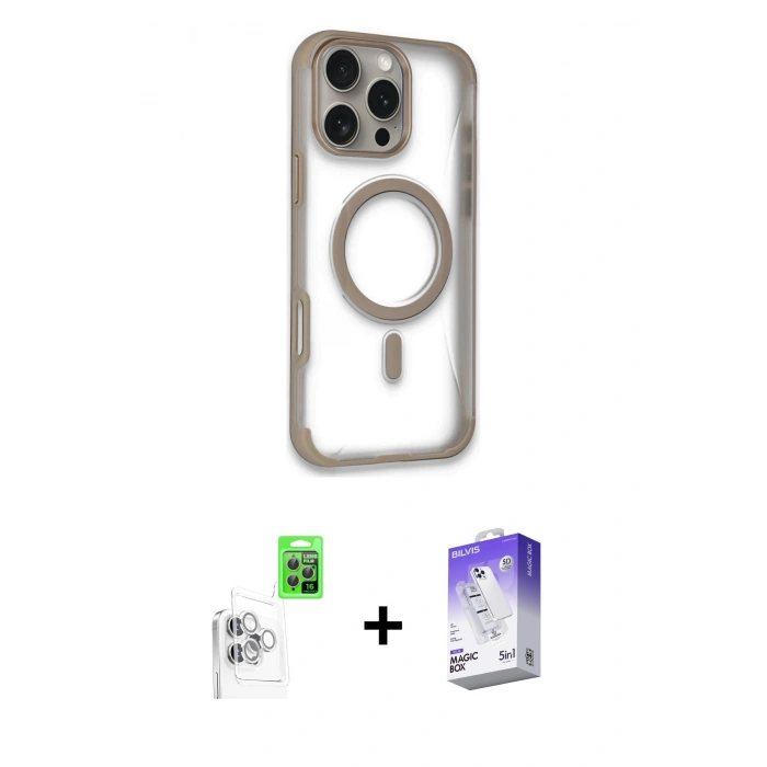 MARSİLYAN™- iPhone 16 Pro Max Kılıf Eksen Klasik Koleksiyonu - Siyah Bilvis 5in1 3D Magic Cam Ekran Koruyucu + Beyaz Raze Metal Kamera Lens