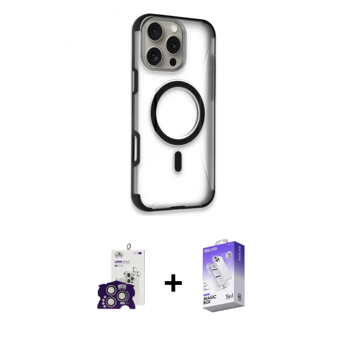 MARSİLYAN™- iPhone 16 Pro Max Kılıf Eksen Klasik Koleksiyonu - Siyah Bilvis 5in1 3D Magic Cam Ekran Koruyucu + Gümüş Bilvis Titan Kamera Lens