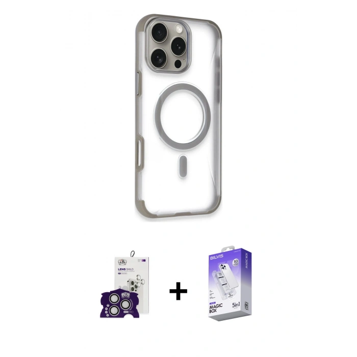 MARSİLYAN™- iPhone 16 Pro Max Kılıf Eksen Klasik Koleksiyonu - Siyah Bilvis 5in1 3D Magic Cam Ekran Koruyucu + Gümüş Bilvis Titan Kamera Lens