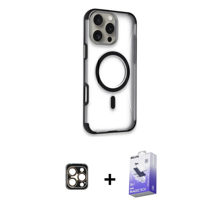 MARSİLYAN™- iPhone 16 Pro Max Kılıf Eksen Klasik Koleksiyonu - Siyah Bilvis 5in1 5D Magic Hayalet Cam Ekran Koruyucu + Gold PVD Metal Kamera Lens