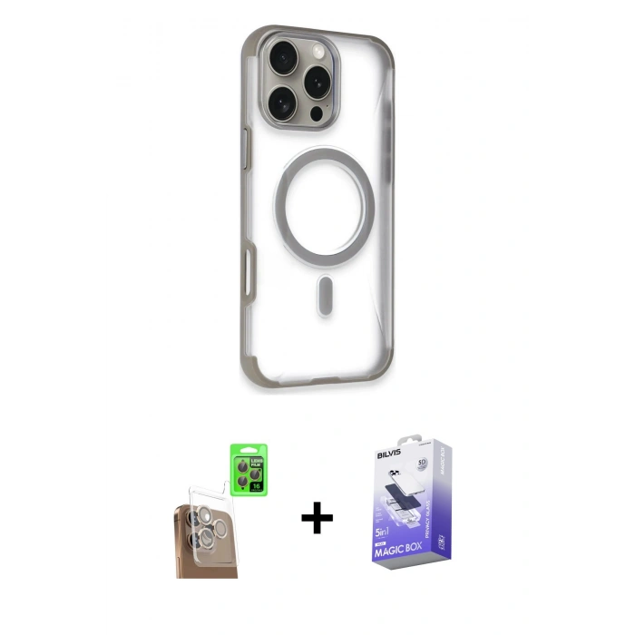 MARSİLYAN™- iPhone 16 Pro Max Kılıf Eksen Klasik Koleksiyonu - Siyah Bilvis 5in1 5D Magic Hayalet Cam Ekran Koruyucu + Raze Metal Kamera Lens - CLTM
