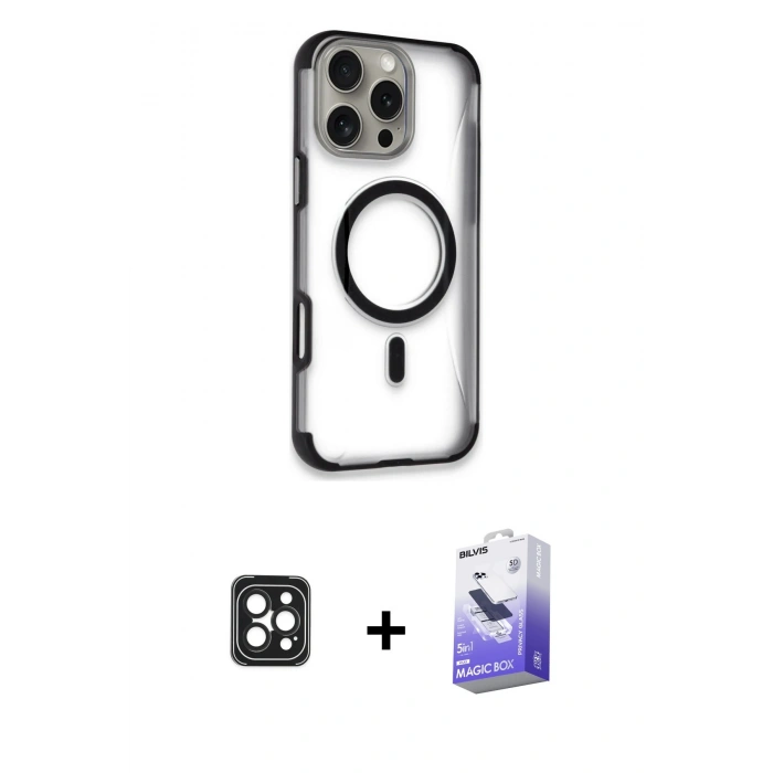 MARSİLYAN™- iPhone 16 Pro Max Kılıf Eksen Klasik Koleksiyonu - Siyah Bilvis 5in1 5D Magic Hayalet Cam Ekran Koruyucu + PVD Metal Kamera Lens - SH