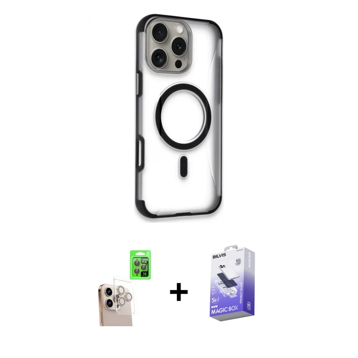 MARSİLYAN™- iPhone 16 Pro Max Kılıf Eksen Klasik Koleksiyonu - Siyah Bilvis 5in1 5D Magic Hayalet Cam Ekran Koruyucu + Raze Metal Kamera Lens - NLGY