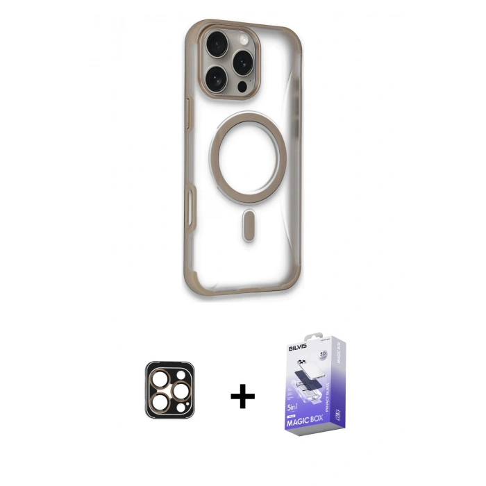 MARSİLYAN™- iPhone 16 Pro Max Kılıf Eksen Klasik Koleksiyonu - Siyah Bilvis 5in1 5D Magic Hayalet Cam Ekran Koruyucu + Gold PVD Metal Kamera Lens