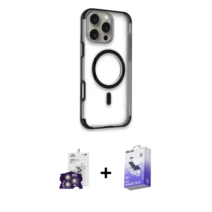 MARSİLYAN™- iPhone 16 Pro Max Kılıf Eksen Klasik Koleksiyonu - Siyah Bilvis 5in1 5D Magic Hayalet Cam Ekran Koruyucu + Bilvis Titan Kamera Lens - GS
