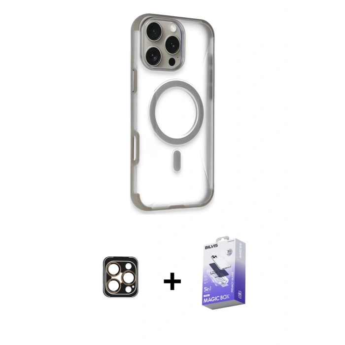 MARSİLYAN™- iPhone 16 Pro Max Kılıf Eksen Klasik Koleksiyonu - Siyah Bilvis 5in1 5D Magic Hayalet Cam Ekran Koruyucu + Gold PVD Metal Kamera Lens