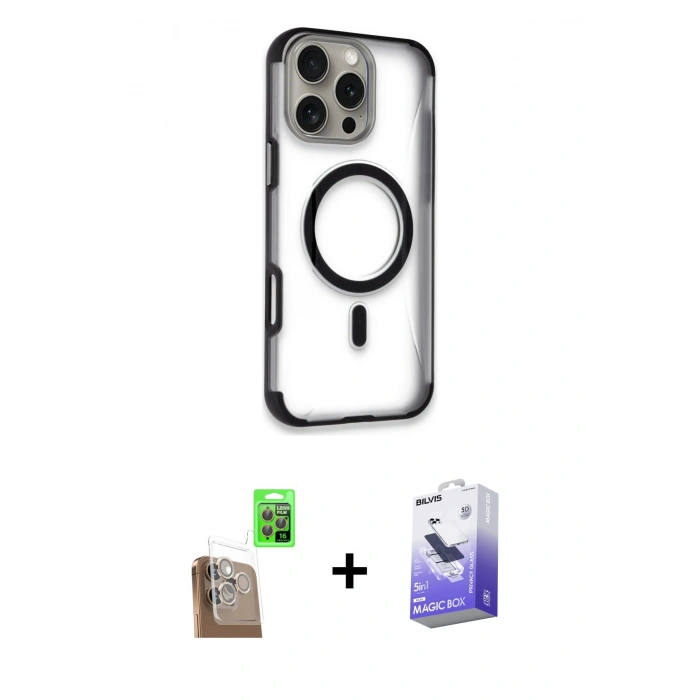 MARSİLYAN™- iPhone 16 Pro Max Kılıf Eksen Klasik Koleksiyonu - Siyah Bilvis 5in1 5D Magic Hayalet Cam Ekran Koruyucu + Raze Metal Kamera Lens - CLTM