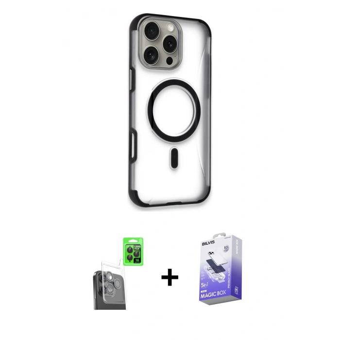 MARSİLYAN™- iPhone 16 Pro Max Kılıf Eksen Klasik Koleksiyonu - Siyah Bilvis 5in1 5D Magic Hayalet Cam Ekran Koruyucu + Raze Metal Kamera Lens - SH