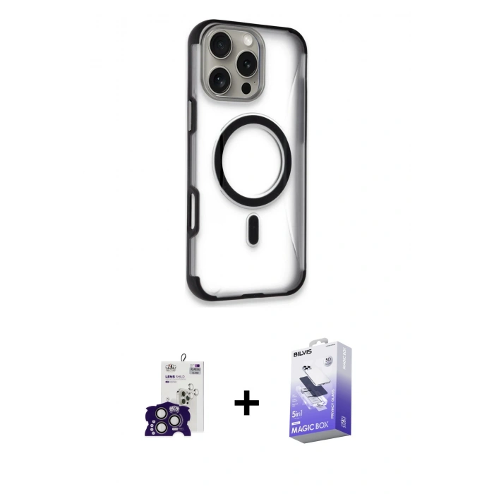 MARSİLYAN™- iPhone 16 Pro Max Kılıf Eksen Klasik Koleksiyonu - Siyah Bilvis 5in1 5D Magic Hayalet Cam Ekran Koruyucu + Bilvis Titan Kamera Lens - TMGI