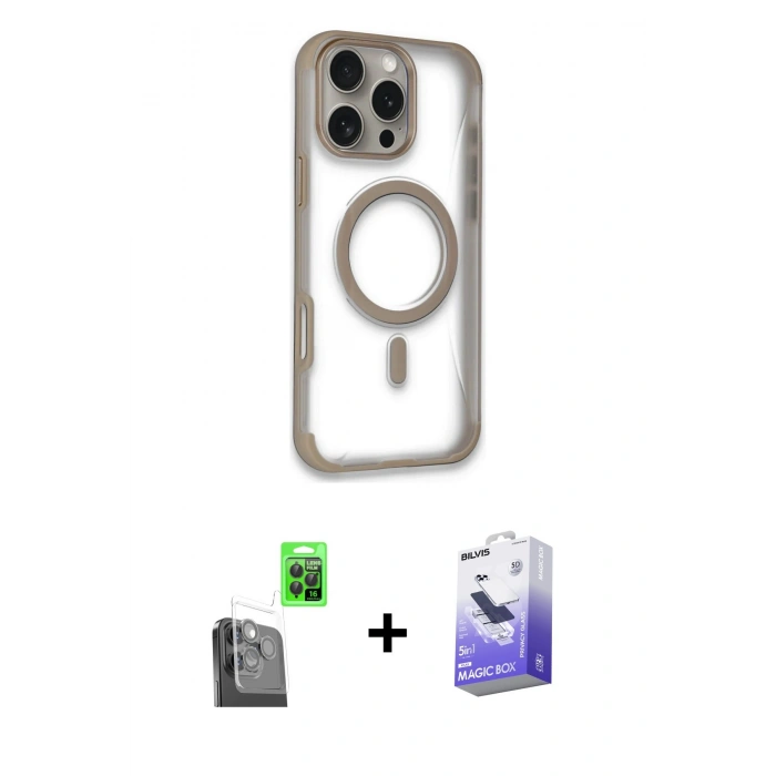 MARSİLYAN™- iPhone 16 Pro Max Kılıf Eksen Klasik Koleksiyonu - Siyah Bilvis 5in1 5D Magic Hayalet Cam Ekran Koruyucu + Raze Metal Kamera Lens - SH