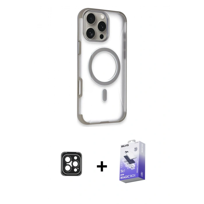 MARSİLYAN™- iPhone 16 Pro Max Kılıf Eksen Klasik Koleksiyonu - Siyah Bilvis 5in1 5D Magic Hayalet Cam Ekran Koruyucu + PVD Metal Kamera Lens - SH
