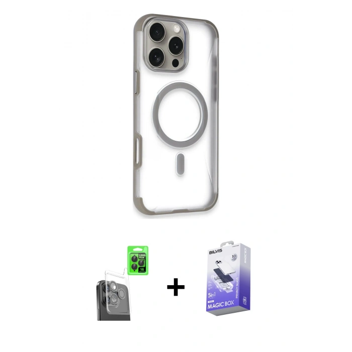 MARSİLYAN™- iPhone 16 Pro Max Kılıf Eksen Klasik Koleksiyonu - Siyah Bilvis 5in1 5D Magic Hayalet Cam Ekran Koruyucu + Raze Metal Kamera Lens - SH