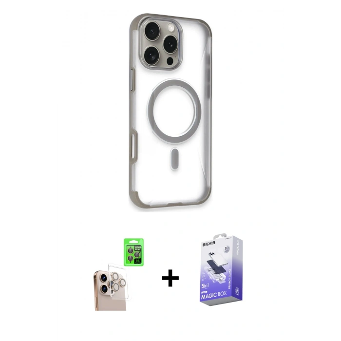 MARSİLYAN™- iPhone 16 Pro Max Kılıf Eksen Klasik Koleksiyonu - Siyah Bilvis 5in1 5D Magic Hayalet Cam Ekran Koruyucu + Raze Metal Kamera Lens - NLGY
