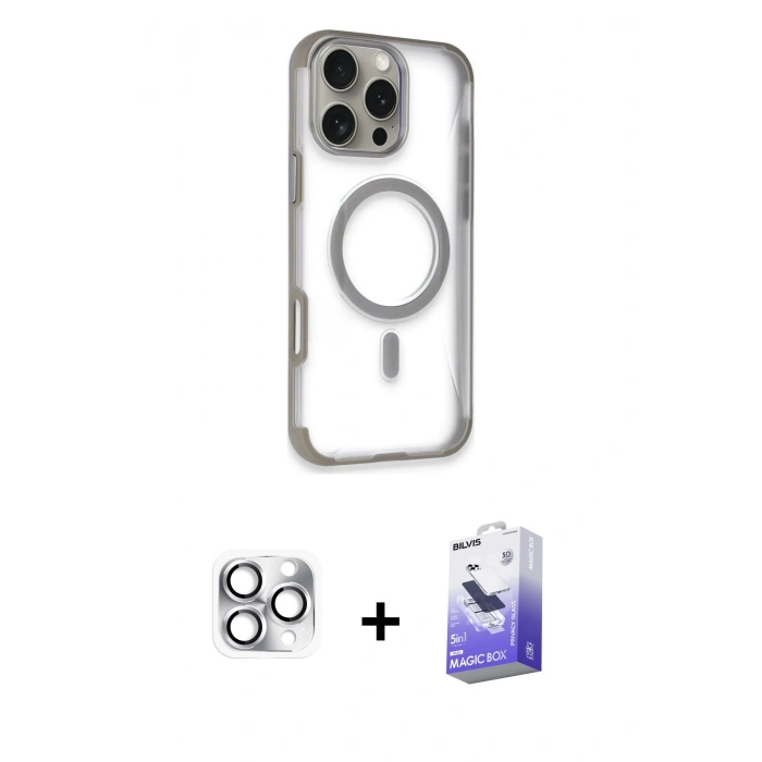 MARSİLYAN™- iPhone 16 Pro Max Kılıf Eksen Klasik Koleksiyonu - Siyah Bilvis 5in1 5D Magic Hayalet Cam Ekran Koruyucu + Pers Alüminyum Kamera Lens - GS