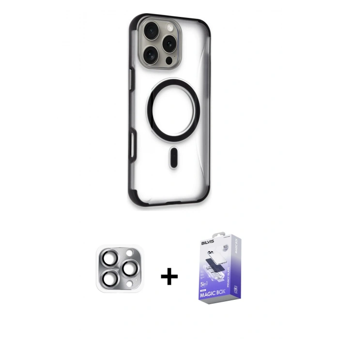 MARSİLYAN™- iPhone 16 Pro Max Kılıf Eksen Klasik Koleksiyonu - Siyah Bilvis 5in1 5D Magic Hayalet Cam Ekran Koruyucu + Pers Alüminyum Kamera Lens - GI