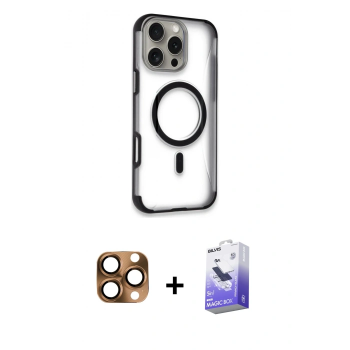 MARSİLYAN™- iPhone 16 Pro Max Kılıf Eksen Klasik Koleksiyonu - Siyah Bilvis 5in1 5D Magic Hayalet Cam Ekran Koruyucu + Pers Alüminyum Kamera Lens - CLTM