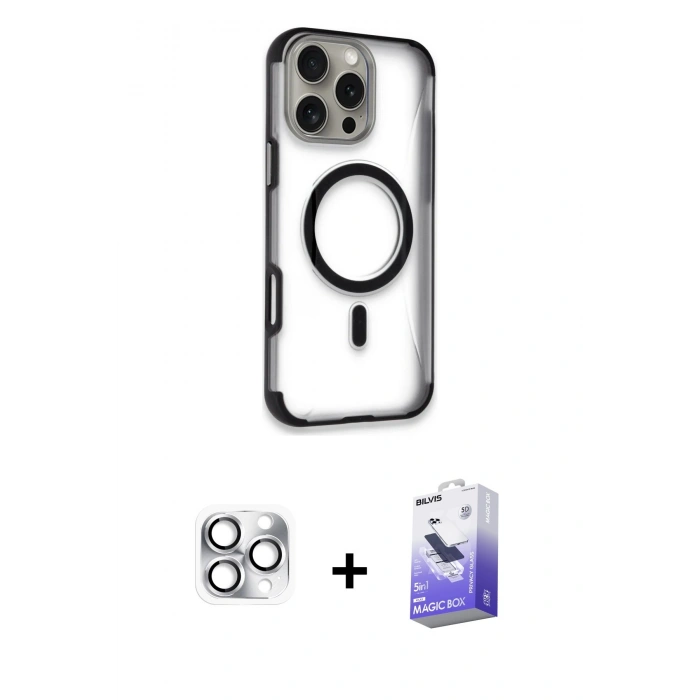 MARSİLYAN™- iPhone 16 Pro Max Kılıf Eksen Klasik Koleksiyonu - Siyah Bilvis 5in1 5D Magic Hayalet Cam Ekran Koruyucu + Pers Alüminyum Kamera Lens - GS