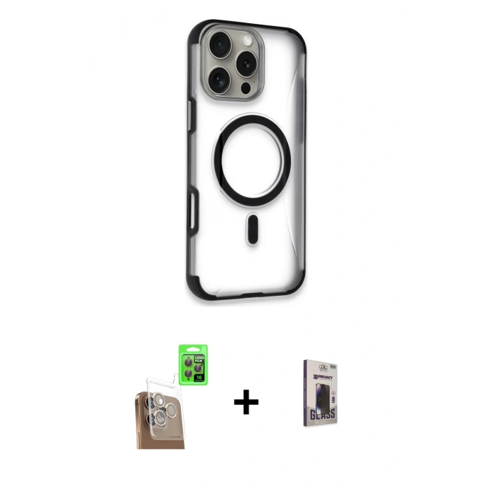 MARSİLYAN™- iPhone 16 Pro Max Kılıf Eksen Klasik Koleksiyonu - Siyah Bilvis Hayalet Cam Ekran Koruyucu + Raze Metal Kamera Lens - CLTM